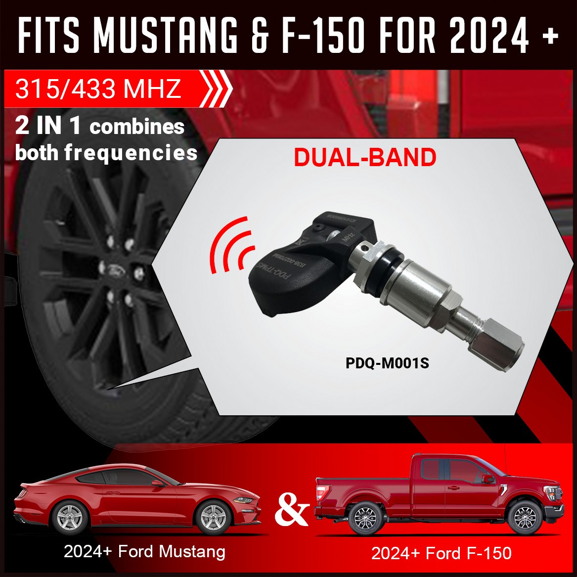 PDQ Multi Protocol TPMS 315/433 MHZ TPMS 4 Pack  Rubber Stem  For Ford Lincoln Equivilant to: Replaces OE Part # , OEM: 9L3Z-1A-189A | F2GZ-1A189-A | F2GZ-1A189-B |